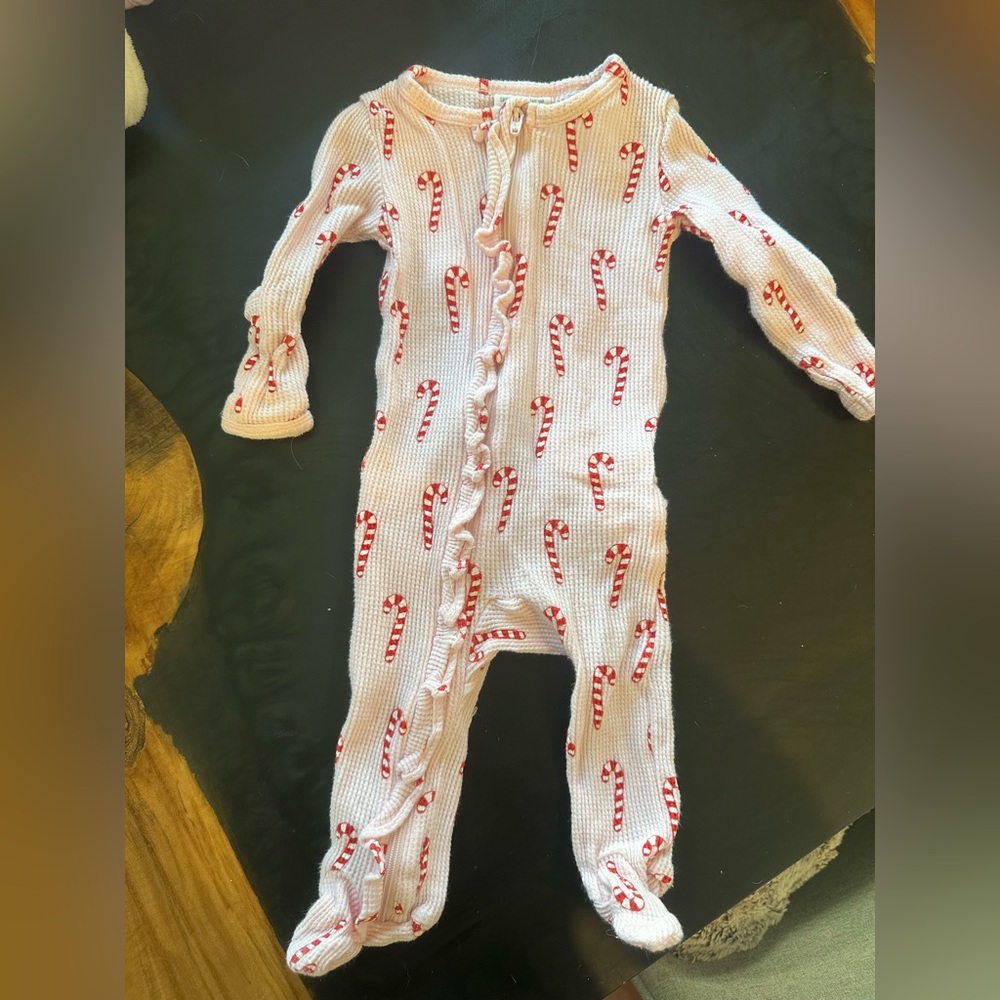 Spearmint love baby pink candy cane zip footie onsie with ruffle butt